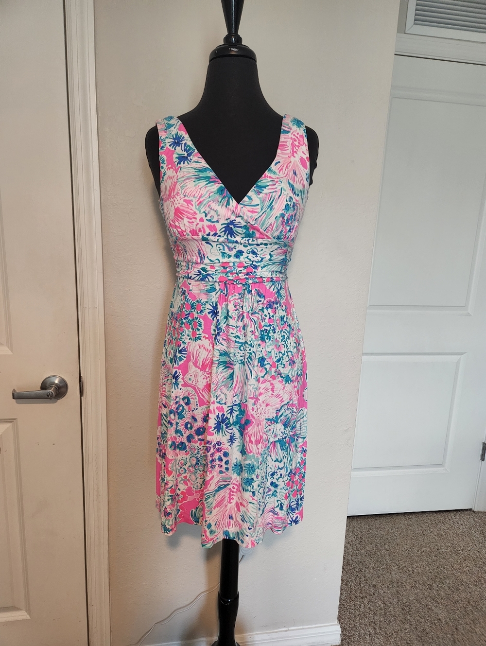 Lilly Pulitzer Pink & Turquoise Floral V‑Neck Midi Dress